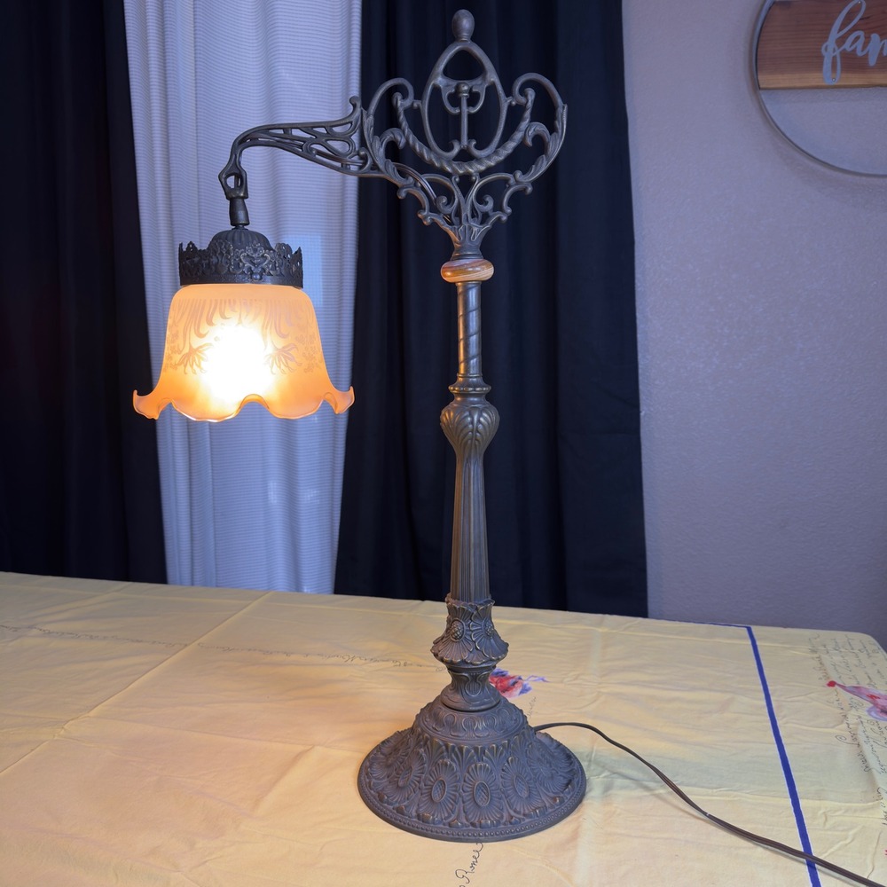 Antique Cast Iron Bridge Arm Table Lamp Art Nouveau Ornate Frosted Ruffle Shade